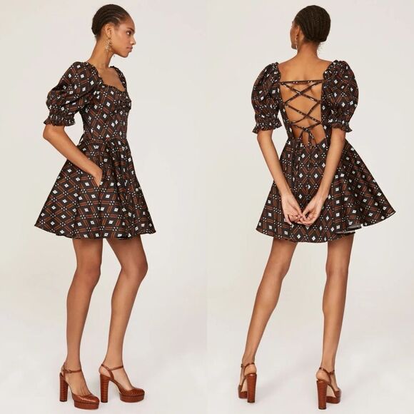 NWOT Autumn Adeigbo Camille Diamond Print Puff Sleeve Lace Up Back Mini Dress 8 - Picture 6 of 16